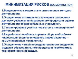 МИНИМИЗАЦИЯ РИСКОВ возможна при
1.Выделение на каждом этапе оптимальных методов
деятельности.
2.Определение оптимальных критериев самооценки
для всех учащихся инновационного процесса и оценки
деятельности образовательных учреждений.
3.Стимулирование участия педагогов в инновационной
деятельности.
4.Разработка способов ускорения сбора и обработки
информации (полное внедрение информационно –
коммуникативных технологий.)
5.Определение четкой последовательности внедрения
моделей образовательного процесса и необходимых
технологических процедур.
25

 