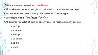 Simple elements cannot have attributes.
If an element has attributes, it is considered to be of a complex type.
But the attribute itself is always declared as a simple type.
<xs:attribute name="xxx" type="yyy"/>
XML Schema has a lot of built-in data types. The most common types are:
xs:string
xs:decimal
xs:integer
xs:boolean
xs:date
xs:time
 