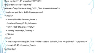 <?xml version="1.0" encoding="UTF-8"?>
<shiporder orderid="889923"
xmlns:xsi="http://www.w3.org/2001/XMLSchema-instance">
<orderperson>John Smith</orderperson>
<shipto>
<name>Ola Nordmann</name>
<address>Langgt 23</address>
<city>4000 Stavanger</city>
<country>Norway</country>
</shipto>
<item>
<title>Empire Burlesque</title><note>Special Edition</note><quantity>1</quantity>
<price>10.90</price></item>
</shiporder>
 