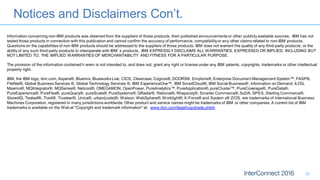 Notices and Disclaimers Con’t.
32
Information concerning non-IBM products was obtained from the suppliers of those products, their published announcements or other publicly available sources. IBM has not
tested those products in connection with this publication and cannot confirm the accuracy of performance, compatibilityor any other claims related to non-IBM products.
Questions on the capabilities of non-IBM products should be addressed to the suppliers of those products. IBM does not warrant the quality of any third-party products, or the
ability of any such third-party products to interoperate with IBM’s products. IBM EXPRESSLY DISCLAIMS ALL WARRANTIES, EXPRESSED OR IMPLIED, INCLUDING BUT
NOT LIMITED TO, THE IMPLIED WARRANTIES OF MERCHANTABILITY AND FITNESS FOR A PARTICULAR PURPOSE.
The provision of the information contained h erein is not intended to, and does not, grant any right or license under any IBM patents, copyrights, trademarks or other intellectual
property right.
IBM, the IBM logo, ibm.com, Aspera®, Bluemix, Blueworks Live, CICS, Clearcase, Cognos®, DOORS®, Emptoris®, Enterprise Document Management System™, FASP®,
FileNet®, Global Business Services ®, Global Technology Services ®, IBM ExperienceOne™, IBM SmartCloud®, IBM Social Business®, Information on Demand, ILOG,
Maximo®, MQIntegrator®, MQSeries®, Netcool®, OMEGAMON, OpenPower, PureAnalytics™, PureApplication®, pureCluster™, PureCoverage®, PureData®,
PureExperience®, PureFlex®, pureQuery®, pureScale®, PureSystems®, QRadar®, Rational®, Rhapsody®, Smarter Commerce®, SoDA, SPSS, Sterling Commerce®,
StoredIQ, Tealeaf®, Tivoli®, Trusteer®, Unica®, urban{code}®, Watson, WebSphere®, Worklight®, X-Force® and System z® Z/OS, are trademarks of International Business
Machines Corporation, registered in many jurisdictions worldwide. Other product and service names might be trademarks of IBM or other companies. A current list of IBM
trademarks is available on the Web at "Copyright and trademark information" at: www.ibm.com/legal/copytrade.shtml.
 