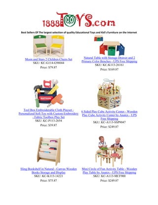 Best Sellers Of The largest selection of quality Educational Toys and Kid's Furniture on the Internet




                                                      Natural Table with Storage Drawer and 2
    Moon and Stars 2 Children Chairs Set
                                                     Primary Color Benches - UPS Free Shipping
         SKU: KC-G114-G98044
                                                               SKU: KC-K113-26161
              Price: $79.87
                                                                   Price: $169.87




    Tool Box Embroiderable Cloth Playset -   6 Sided Play Cube Activity Center - Wooden
Personalized Soft Toy with Custom Embroidery Play Cube Activity Center by Anatex - UPS
           - Fabric Toolbox Play Set                       Free Shipping
             SKU: KC-P113-2654                        SKU: KC-A113-SSP9047
                 Price: $39.87                             Price: $249.87




 Sling Bookshelf in Natural - Canvas Wooden          Mini Circle of Fun Activity Table - Wooden
         Books Storage and Display                   Play Table by Anatex - UPS Free Shipping
           SKU: KC-K113-14221                                SKU: KC-A113-MCF900
                Price: $75.87                                       Price: $249.87
 