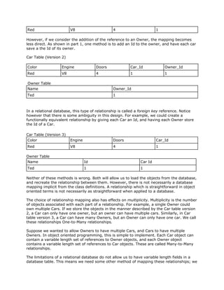 Red V8 4 1
However, if we consider the addition of the reference to an Owner, the mapping becomes
less direct. As shown in part 1, one method is to add an Id to the owner, and have each car
save a the Id of its owner.
Car Table (Version 2)
Color Engine Doors Car_Id Owner_Id
Red V8 4 1 1
Owner Table
Name Owner_Id
Ted 1
In a relational database, this type of relationship is called a ​foreign key reference. Notice
however that there is some ambiguity in this design. For example, we could create a
functionally equivalent relationship by giving each Car an Id, and having each Owner store
the Id of a Car.
Car Table (Version 3)
Color Engine Doors Car_Id
Red V8 4 1
Owner Table
Name Id Car Id
Ted 1 1
Neither of these methods is wrong. Both will allow us to load the objects from the database,
and recreate the relationship between them. However, there is not necessarily a database
mapping implicit from the class definitions. A relationship which is straightforward in object
oriented terms is not necessarily as straightforward when applied to a database.
The choice of relationship mapping also has effects on ​multiplicity. Multiplicity is the number
of objects associated with each part of a relationship. For example, a single Owner could
own multiple Cars. If we store the objects in the manner described by the Car table version
2, a Car can only have one owner, but an owner can have multiple cars. Similarly, in Car
table version 3, a Car can have many Owners, but an Owner can only have one car. We call
these relationships One-to-Many relationships.
Suppose we wanted to allow Owners to have multiple Cars, and Cars to have multiple
Owners. In object oriented programming, this is simple to implement. Each Car object can
contain a variable length set of references to Owner objects, and each Owner object
contains a variable length set of references to Car objects. These are called Many-to-Many
relationships.
The limitations of a relational database do not allow us to have variable length fields in a
database table. This means we need some other method of mapping these relationships; we
 