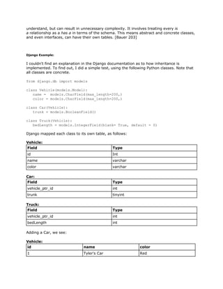 understand, but can result in unnecessary complexity. It involves treating every ​is
a relationship as a ​has a in terms of the schema. This means abstract and concrete classes,
and even interfaces, can have their own tables. [Bauer 203]
Django Example:
I couldn't find an explanation in the Django documentation as to how inheritance is
implemented. To find out, I did a simple test, using the following Python classes. Note that
all classes are concrete.
from django.db import models
class Vehicle(models.Model):
name = models.CharField(max_length=200,)
color = models.CharField(max_length=200,)
class Car(Vehicle):
trunk = models.BooleanField()
class Truck(Vehicle):
bedLength = models.IntegerField(blank= True, default = 0)
Django mapped each class to its own table, as follows:
Vehicle:
Field Type
id Int
name varchar
color varchar
Car:
Field Type
vehicle_ptr_id int
trunk tinyint
Truck:
Field Type
vehicle_ptr_id int
bedLength int
Adding a Car, we see:
Vehicle:
id name color
1 Tyler's Car Red
 