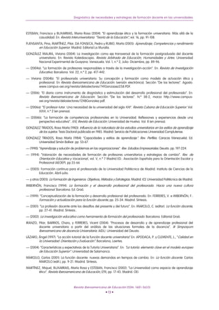 Diagnóstico de necesidades y estrategias de formación docente en las universidades




ESTEBAN, Francisco y BUXARRAIS, Maria Rosa (2004): “El aprendizaje ético y la formación universitaria. Más allá de la
        casualidad. En: Revista Interuniversitaria: “Teoría de la Educación”, vol. 16, pp. 91-108.
FUENSANTA, Pina, MARTÍNEZ, Pilar, DA FONSECA, Pedro y RUBIO, Marta (2005): Aprendizaje, Competencias y rendimiento
       en Educación Superior. Madrid. Editorial La Muralla.
GONZÁLEZ MAURA, Viviana (2004): La investigación como eje transversal de la formación postgraduada del docente
       universitario. En: Revista Kaleidoscopio. Revista Arbitrada de Educación, Humanidades y Artes. Universidad
       Nacional Experimental de Guayana. Venezuela. Vol. 1, n.º 2, Julio- Diciembre, pp. 89-96.
— (2004a): “La formación de profesores responsables a través de la investigación-acción”. En: Revista de Investigación
       Educativa. Barcelona. Vol. 22, n.º 2, pp. 417-442.
— Viviana (2004b): “El profesorado universitario: Su concepción y formación como modelo de actuación ética y
        profesional. En Revista Iberoamericana de Educación. (versión electrónica). Sección “De los lectores”. Agosto.
        www.campus-oei.org/revista/deloslectores/741Gonzaaez258.PDF.
— (2006): “El diario como instrumento de diagnóstico y estimulación del desarrollo profesional del profesorado”. En:
        Revista Iberoamericana de Educación. Sección “De los lectores”. N.º 38-2, marzo http://www.campus-
        oei.org/revista/deloslectores/1248Gonzalez.pdf.
— (2006a): “El profesor-tutor. Una necesidad de la universidad del siglo XXI”. Revista Cubana de Educación Superior. Vol.
        XXVI, n.º 2 (en prensa).
— (2006b): “La formación de competencias profesionales en la Universidad. Reflexiones y experiencias desde una
       perspectiva educativa”. XXI, Revista de Educación. Universidad de Huelva. Vol. 8 (en prensa).
GONZALEZ TIRADOS, Rosa María (1983): Influencia de la naturaleza de los estudios universitarios en los estilos de aprendizaje
       de los sujetos. Tesis Doctoral publicada en 1985. Madrid: Servicio de Publicaciones Universidad Complutense.
GONZALEZ TIRADOS, Rosa María (1984): “Capacidades y estilos de aprendizaje”. Rev. Perfiles. Caracas (Venezuela): Ed.
       Universidad Simón Bolívar. pp. 53-67.
— (1990): “Aprendizaje y solución de problemas en las organizaciones”. Rev. Estudios Empresariales. Deusto. pp. 197-224.
— (1994): “Valoración de necesidades de formación de profesores universitarios y estrategias de cambio”. Rev. de
        Orientación Educativa y Vocacional., vol. V, n.º 7 Madrid ED.: Asociación Española para la Orientación Escolar y
        Profesional (AEOEP). pp.55-66
— (2005): Formación continua para el profesorado de la Universidad Politécnica de Madrid. Instituto de Ciencias de la
        Educación. Abril-julio.
— y otros (2005): La Formación de Ingenieros: Objetivos, Métodos y Estrategias. Madrid: ICE Universidad Politécnica de Madrid.
IMBERNÓN, Francisco (1994): La formación y el desarrollo profesional del profesorado. Hacia una nueva cultura
       profesional. Barcelona. Ed. Graó.
— (1999): “Conceptualización de la formación y desarrollo profesional del profesorado. En: FERRERES, V. e IMBERNÓN, F.:
         Formación y actualización para la función docente, pp. 25-34. Madrid. Síntesis.
— (2001): “La profesión docente ante los desafíos del presente y del futuro”. En: MARCELO, C. (editor). La función docente,
         pp. 27-41. Madrid. Síntesis..
— (2002): La investigación educativa como herramienta de formación del profesorado. Barcelona. Editorial Graó.
IRANZO, Pilar; BARRIOS, Charo, y FERRERES, Vicent (2004): “Procesos de desarrollo y de aprendizaje profesional del
        docente universitario a partir del análisis de las situaciones formales de la docencia”. III Simposyum
        Iberoamericano de docencia Universitaria. AIDU. Universidad del Deusto.
LÁZARO, Ángel (1997): “La acción tutorial de la función docente universitaria”.En: APODACA, P. y CLEMENTE, L., “Calidad en
        la Universidad: Orientación y Evaluación”. Barcelona, Laertes.
— (2004): “Características y expectativas de la Tutoría Universitaria”. En: “La tutoría: elemento clave en el modelo europeo
         de Educación Superior”. Universidad de Salamanca.
MARCELO, Carlos (2001): La función docente: nuevas demandas en tiempos de cambio. En: La función docente. Carlos
       MARCELO (edit.), pp. 9-21. Madrid. Síntesis.
MARTÍNEZ, Miquel, BUXARRAIS, María Rosa y ESTEBAN, Francisco (2002): “La Universidad como espacio de aprendizaje
       ético”. Revista Iberoamericana de Educación, (29), pp. 17-43. Madrid. OEI.



                                   Revista Iberoamericana de Educación (ISSN: 1681-5653)
                                                            • 13 •
 