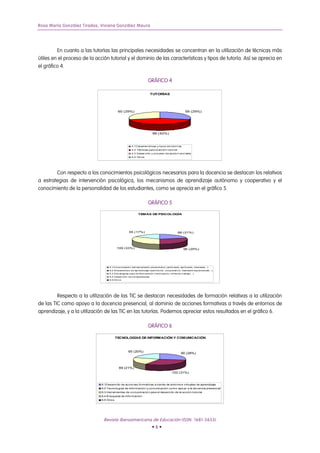 Rosa María González Tirados, Viviana González Maura




         En cuanto a las tutorías las principales necesidades se concentran en la utilización de técnicas más
útiles en el proceso de la acción tutorial y el dominio de las características y tipos de tutoría. Así se aprecia en
el gráfico 4.

                                                                         GRÁFICO 4

                                                                           TUTORÍAS




                                            60 (29%)                                                         59 (29%)




                                                                             88 (42%)



                                                         4.1 Caract erí st icas y t ipos de t ut orí as
                                                         4.2 Técnicas para la acción t ut orial
                                                         4.3 Desarrollo y proceso de acción t ut oriales
                                                         4.4 Ot ros




        Con respecto a los conocimientos psicológicos necesarios para la docencia se destacan los relativos
a estrategias de intervención psicológica, los mecanismos de aprendizaje autónomo y cooperativo y el
conocimiento de la personalidad de los estudiantes, como se aprecia en el gráfico 5.

                                                                         GRÁFICO 5
                                                               TEM AS DE PSICOLOGÍA




                                                      55 (17%)                                        68 (21%)




                                           109 (33%)                                                       96 (29%)




                                    5.1 Co no cimient o d el est ud iant e universit ario (act it ud es, ap t it ud es, int ereses…)
                                    5.2 M ecanismo s d e ap rend izaje (aut ó no mo, co op erat ivo, med iant e exp eriencias…)
                                    5.3 Est rat egias para la int ervención (mo t ivació n, clima d e t rabajo...)
                                    5.4 Desarrollo de comp et encias
                                    5.5 Ot ros




         Respecto a la utilización de las TIC se destacan necesidades de formación relativas a la utilización
de las TIC como apoyo a la docencia presencial, al dominio de acciones formativas a través de entornos de
aprendizaje, y a la utilización de las TIC en las tutorías. Podemos apreciar estos resultados en el gráfico 6.

                                                                         GRÁFICO 6

                                           TECNOLOGÍAS DE INFORMACIÓN Y COMUNICACIÓN



                                                      65 (20%)
                                                                                                         90 (28%)



                                             69 (21%)
                                                                                                103 (31%)


                              6.1Desarro llo de accio nes fo rmativas a través de ento rno s virtuales de aprendizaje
                              6.2 Tecno lo gías de info rmació n y co municació n co mo apo yo a la do cencia presencial
                              6.3 Herramientas de co municació n para el desarro llo de la acció n tuto rial
                              6.4 B úsqueda de info rmació n
                              6.5 Otro s




                               Revista Iberoamericana de Educación (ISSN: 1681-5653)
                                                                             •6•
 