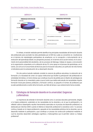 Rosa María González Tirados, Viviana González Maura




                             GRÁFICO 9                                                                     GRAFICO 10

                     PERIODICIDAD PARTICIPACIÓN                                                  PERIODICIDAD PARTICIPACIÓN
                  29 (16%)
                                                                                                                   5 (2%)
            6 (3%)                                                                          31 (11%) 10 (4%)                       80 (29%)
                                                                                      19 (7%)
          33 (18%)                                113 (63%)


                                                                                                       133 (47%)


                                                                          Incompatibilidad con horarios de clase        Falta de tiempo


     1-2 al año        3-5 al año   M ás de 5 al año      Ninguna
                                                                          No tener interés por los temas                No reconocerse como méritos


                                                                          Preferir la autoformación                     Desconocimiento de la oferta formativa




          En síntesis, el estudio realizado permite identificar las principales necesidades de formación docente
del profesorado para acometer los retos planteados por el EEES las cuales se concentran en: insuficiencias
en el dominio de metodologías participativas de enseñanza, en la concepción e instrumentación de la
evaluación del aprendizaje desde una perspectiva procesal, en el dominio de la acción tutorial, en el conoci-
miento de la personalidad del estudiante y de los procesos de liderazgo, trabajo en equipo y comunicación
en la organización universitaria, en la utilización de las TIC como apoyo en el proceso de aprendizaje y en la
tutoría, así como en el conocimiento de técnicas para la innovación educativa y en particular de instrumentos
e indicadores para la autoevaluación de su desempeño docente.

         Por otra parte el estudio realizado constata la carencia de políticas educativas, la valoración de la
formación y la necesidad de contar con apoyo institucional que facilite la participación del profesorado en
actividades formativas, al mismo tiempo que constituye el punto de partida para el diseño de estrategias de
formación docente en la universidad y pese a que el centro que realiza este estudio de necesidades imparte
formación inicial para jóvenes profesores y formación continua, es pequeño el número de profesores que
acuden periódicamente a recibir dicha formación, por falta de tiempo a que anteriormente hemos aludido.



3.        Estrategias de formación docente en la universidad. Exigencias
          y alternativas
         La importancia de entender la formación docente como un proceso educativo permanente, dirigido
a la mejora profesional, sustentado en las necesidades de los docentes y en el que la participación y la
reflexión sobre el desempeño resultan herramientas esenciales en el proceso de desarrollo profesional, es
destacado por Sánchez (2001) cuando al referirse al desarrollo profesional lo caracteriza como “un proceso
continuo, basado en la mejora profesional y apoyado en las necesidades prácticas de los docentes, que se
desarrolla mediante la participación y que constituye un proceso de construcción profesional mediante el
cual los docentes desarrollan estrategias cognitivas y metacognitivas que le permiten valorar su trabajo
profesional”.


                                      Revista Iberoamericana de Educación (ISSN: 1681-5653)
                                                                    •8•
 