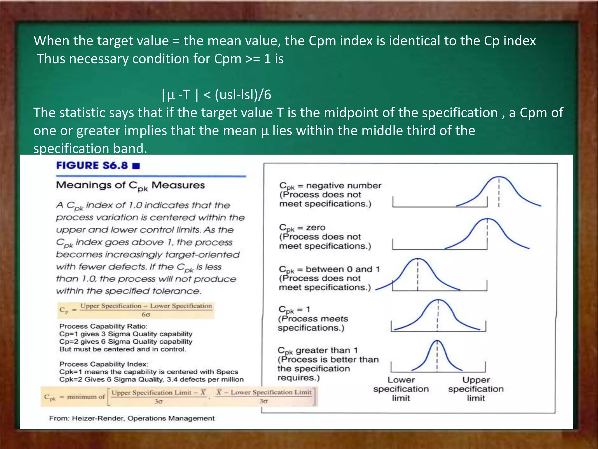 When the target value = the mean value, the Cpm index is identical to the Cp index
Thus necessary condition for Cpm >= 1 is
|µ -T | < (usl-lsl)/6
The statistic says that if the target value T is the midpoint of the specification , a Cpm of
one or greater implies that the mean µ lies within the middle third of the
specification band.
 