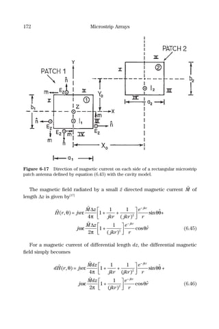 172 Microstrip Arrays
The magnetic ﬁeld radiated by a small zˆ directed magnetic current M of
length ∆z is given by[17]
H r jw
M z
jkr jkr
e
r
j
M z
jkr
( , ) = + +
( )
sin +θ ε
π
θθ
ωε
∆
∆
4
1
1 1
2
2




−
ˆ
ππ
θ1
1
2
+
( )
cos
jkr
e
r
r
jkr




−
ˆ (6.45)
For a magnetic current of differential length dz, the differential magnetic
ﬁeld simply becomes
dH r jw
Mdz
jkr jkr
e
r
j
Mdz
jkr
( , ) = + +
( )
sin +θ ε
π
θθ
ωε
4
1
1 1
2




−
ˆ
22
1
1
2
π
θ+
( )
cos
jkr
e
r
r
jkr




−
ˆ (6.46)
Figure 6-17 Direction of magnetic current on each side of a rectangular microstrip
patch antenna deﬁned by equation (6.43) with the cavity model.
 