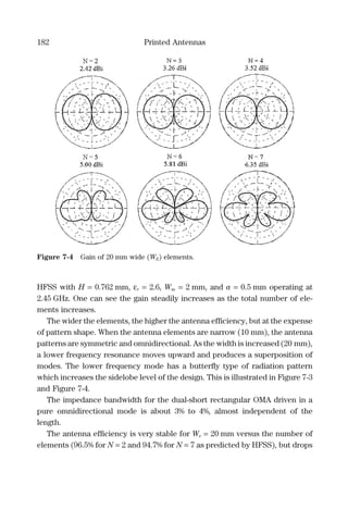 182 Printed Antennas
HFSS with H = 0.762 mm, εr = 2.6, Wm = 2 mm, and a = 0.5 mm operating at
2.45 GHz. One can see the gain steadily increases as the total number of ele-
ments increases.
The wider the elements, the higher the antenna efﬁciency, but at the expense
of pattern shape. When the antenna elements are narrow (10 mm), the antenna
patterns are symmetric and omnidirectional. As the width is increased (20 mm),
a lower frequency resonance moves upward and produces a superposition of
modes. The lower frequency mode has a butterﬂy type of radiation pattern
which increases the sidelobe level of the design. This is illustrated in Figure 7-3
and Figure 7-4.
The impedance bandwidth for the dual-short rectangular OMA driven in a
pure omnidirectional mode is about 3% to 4%, almost independent of the
length.
The antenna efﬁciency is very stable for We = 20 mm versus the number of
elements (96.5% for N = 2 and 94.7% for N = 7 as predicted by HFSS), but drops
Figure 7-4 Gain of 20 mm wide (WE) elements.
 