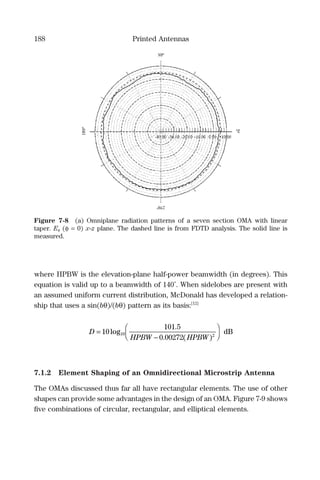 188 Printed Antennas
where HPBW is the elevation-plane half-power beamwidth (in degrees). This
equation is valid up to a beamwidth of 140˚. When sidelobes are present with
an assumed uniform current distribution, McDonald has developed a relation-
ship that uses a sin(bθ)/(bθ) pattern as its basis:[12]
D
HPBW HPBW
=
−



10
101 5
0 00272
10 2
log
.
. ( )
dB
7.1.2 Element Shaping of an Omnidirectional Microstrip Antenna
The OMAs discussed thus far all have rectangular elements. The use of other
shapes can provide some advantages in the design of an OMA. Figure 7-9 shows
ﬁve combinations of circular, rectangular, and elliptical elements.
Figure 7-8 (a) Omniplane radiation patterns of a seven section OMA with linear
taper. Eφ (φ = 0) x-z plane. The dashed line is from FDTD analysis. The solid line is
measured.
 