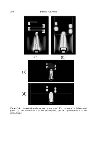 208 Printed Antennas
Figure 7-21 Magnitude of the surface current on (a) ESA conductor, (b) ESA ground-
plane, (c) ESA conductor + 25 mm groundplane, (d) ESA groundplane + 25 mm
groundplane.
 
