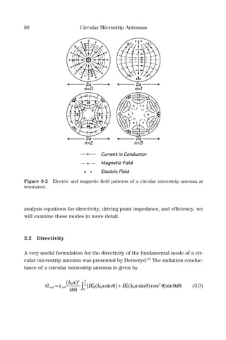 80 Circular Microstrip Antennas
analysis equations for directivity, driving point impedance, and efﬁciency, we
will examine these modes in more detail.
3.2 Directivity
A very useful formulation for the directivity of the fundamental mode of a cir-
cular microstrip antenna was presented by Derneryd.[4]
The radiation conduc-
tance of a circular microstrip antenna is given by
G
k a
B k a B k a drad n M P= +ε θ θ θ θ θ
π
0
0
2
2
0
2
0
2
0
2
480
( )
[ ( sin ) ( sin )cos ]sin∫∫ (3.9)
Figure 3-2 Electric and magnetic ﬁeld patterns of a circular microstrip antenna at
resonance.
 