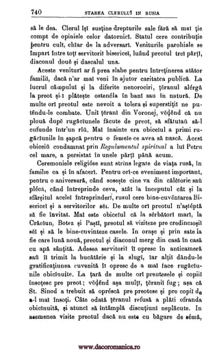 740 STAREA CLERULIA IN RUSIA
sa le dea. Clerul isi sustine drepturile sale fare sA mat die
comet de opiniele celor datornict. Statul cere contributie
j entru cult, chiar de la adversari. Veniturile parohiale se
impart intro toil servitorii bisericel, land preotul trel partt,
diaconul done si dascalul una.
Aceste veniturl ar fi prea slabe pentru intrecinerea atator
&milli, data n'ar mat veni in ajutor caritatea publica. La
lucrul catnpuluT si la diferite nenorociri, Oranul alerga
la preot si-i plateste ostenela in bans sau in nature. De
multe orl preotul este nevoit a tolera si superstitit ne pu-
tendu-le combate. Unit Brant din Voronej, vegend ca nu
ploua dupe rugeciunele acute de preot, 0, sfatutati. 0-1
cufunde intr'un rift. Mat inainte era obicelul a primi ru-
gactunile in sapcA pentru o femele ce avea 0, naseA. Acest
obiceitt condarnnat prin Regulamentul spiritual a lul Petra
eel mare, a persistat in unele pAqi pang, acum.
Ceremoniele religiose aunt strins legate de via0 rusk in
fat:tithe ca si in afaceri. Pentru on -ce eveniment important,
pentru o aniversara, cand soseste tine va din caletorie sau
plecA, cand intreprinde ceva, atat la inceputul cat si la
sfarsitul acelel intreprinderf, rusul cere bine-cuventarea Bi-
sericel si a servitorilor sei. De multe orl preotul n'astepta
sa fie invitat. Mat este obicelul cg, la serbatort mart, la
elle tun, Botez si Pasti, preotul sA viziteze pre credinciosit
set si sA le bine-cuvinteze casele. In orase si prin sate Ia
fie care Luna noun, preotul si diaconul merg din casa in casa
cu apa santita. Adesea servitorit it opresc in anticamera
sail it trimit la bucAtarie si la slugi, tar altil dandu-le
gratificaiunea euvenith it opresc de a mat face rugliciu-
nile obicinuite. La tara de multe ort preutesele si copiii
insqesc pre preot ; ve4end asa mu1V, 'teranii fug ; asa ca.
St. Sinod a trebuit sA opresca pre preotese si pre copit de
a-1 mat insoti. Cate °data eranul refuse a plati ofranda
obicinuite, si atuncl A, intampla discuOuni neplacute. In
asemenea visite preotul data nu este cu bagare de soma,
www.dacoromanica.ro
 