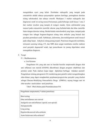 mengeluhkan nyeri yang hebat. Perubahan radiografis yang tampak pada
     osteoartritis adalah adanya penyempitan spatium kartilago, peningkatan densitas
     tulang subchondral, dan adanya osteofit. Meskipun 3 marker radiografis dari
     degenerasi sendi ini sering muncul bersamaan, pada beberapa sendi hanya 1 atau 2
     dari marker tersebut yang tampak di rontgen standar. Kista subchondral yang
     muncul pada osteoartritis memiliki ukuran yang berbeda-beda dan khas memiliki
     batas dengan densitas tulang. Benda-benda osteochondral yang lepas, tampak pada
     rontgen foto sebagai fragmen-fragmen tulang intra artikuler yang berasal dari
     pecahan permukaan sendi. Subluksasi, deformitas, dan malalignment sendi muncul
     pada tahap lanjut. Ankylosis tulang jarang terjadi. Pencitraan diagnostik tambahan,
     termasuk scanning tulang, CT, dan MRI akan sangat mambantu menilai stadium
     awal penyakit degeneratif sendi, tapi pemeriksaan ini jarang diperlukan untuk
     menegakkan diagnosis.

F. Terapi
   F.1. Medikamentosa
       a. Lini Pertama
            Pengobatan OA yang ada saat ini barulah bersifat simptomatik dengan obat
   anti inflamasi non steroid (OAINS) dikombinasi dengan program rehabilitasi dan
   proteksi sendi. Pada stadium lanjut dapat dipikirkan berbagai tindakan operatif.
   Pengetahuan tentang patogenesis OA mendorong para peneliti untuk mengembangkan
   obat-obatan yang dapat menghambat perjalanan/progresivitas penyakit yang disebut
   sebagai Disease-Modifying Osteoarthritis Drugs (DMOA), sayang hingga saat ini
   obat tersebut masih dalam taraf penelitian.
            Tabel . Obat-obatan pada Penatalaksanaan OA

  Pengobatan simptomatik (* dalam penelitian)

  Short acting
  Obat antiinflamasi non steroid
  Analgetik non-antiinflamasi (opioid, non-opioid)
  Antispasmodik
  Long acting
  Depokortikosteroid infra-artikuler
  Asam hialuronat infra-artikuler*

                                         9
 