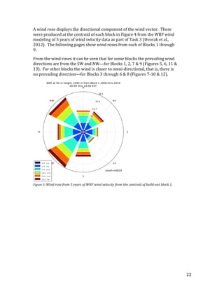 22	
A	wind	rose	displays	the	directional	component	of	the	wind	vector.		These	
were	produced	at	the	centroid	of	each	block	in	Figure	4	from	the	WRF	wind	
modeling	of	5	years	of	wind	velocity	data	as	part	of	Task	3	(Dvorak	et	al.,	
2012).		The	following	pages	show	wind	roses	from	each	of	Blocks	1	through	
9.	
From	the	wind	roses	it	can	be	seen	that	for	some	blocks	the	prevailing	wind	
directions	are	from	the	SW	and	NW—for	Blocks	1,	2,	7	&	9	(Figures	5,	6,	11	&	
13).		For	other	blocks	the	wind	is	closer	to	omni-directional,	that	is,	there	is	
no	prevailing	direction—for	Blocks	3	through	6	&	8	(Figures	7-10	&	12).	
	
Figure	5:	Wind	rose	from	5	years	of	WRF	wind	velocity	from	the	centroid	of	build-out	block	1.	
	
	
 