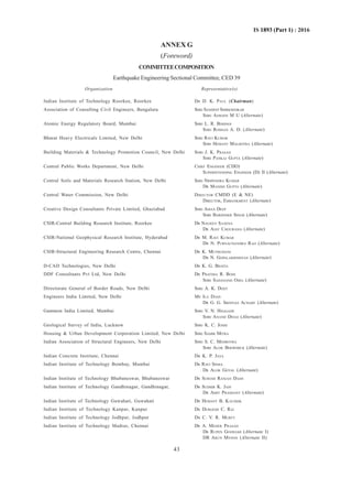43
IS 1893 (Part 1) : 2016
ANNEX G
(Foreword)
COMMITTEECOMPOSITION
Earthquake Engineering Sectional Committee, CED 39
Organization Representative(s)
Indian Institute of Technology Roorkee, Roorkee DR D. K. PAUL (Chairman)
Association of Consulting Civil Engineers, Bengaluru SHRI SANDEEP SHIRKHEDKAR
SHRI ASWATH M U (Alternate)
Atomic Energy Regulatory Board, Mumbai SHRI L. R. BISHNOI
SHRI ROSHAN A. D. (Alternate)
Bharat Heavy Electricals Limited, New Delhi SHRI RAVI KUMAR
SHRI HEMANT MALHOTRA (Alternate)
Building Materials  Technology Promotion Council, New Delhi SHRI J. K. PRASAD
SHRI PANKAJ GUPTA (Alternate)
Central Public Works Department, New Delhi CHIEF ENGINEER (CDO)
SUPERINTENDING ENGINEER (D) II (Alternate)
Central Soils and Materials Research Station, New Delhi SHRI NRIPENDRA KUMAR
DR MANISH GUPTA (Alternate)
Central Water Commission, New Delhi DIRECTOR CMDD (E  NE)
DIRECTOR, EMBANKMENT (Alternate)
Creative Design Consultants Private Limited, Ghaziabad SHRI AMAN DEEP
SHRI BARJINDER SINGH (Alternate)
CSIR-Central Building Research Institute, Roorkee DR NAVJEEV SAXENA
DR AJAY CHOURASIA (Alternate)
CSIR-National Geophysical Research Institute, Hyderabad DR M. RAVI KUMAR
DR N. PURNACHANDRA RAO (Alternate)
CSIR-Structural Engineering Research Centre, Chennai DR K. MUTHUMANI
DR N. GOPALAKRISHNAN (Alternate)
D-CAD Technologies, New Delhi DR K. G. BHATIA
DDF Consultants Pvt Ltd, New Delhi DR PRATIMA R. BOSE
SHRI SADANAND OJHA (Alternate)
Directorate General of Border Roads, New Delhi SHRI A. K. DIXIT
Engineers India Limited, New Delhi MS ILA DASS
DR G. G. SRINIVAS ACHARY (Alternate)
Gammon India Limited, Mumbai SHRI V. N. HEGGADE
SHRI ANAND DESAI (Alternate)
Geological Survey of India, Lucknow SHRI K. C. JOSHI
Housing  Urban Development Corporation Limited, New Delhi SHRI SAMIR MITRA
Indian Association of Structural Engineers, New Delhi SHRI S. C. MEHROTRA
SHRI ALOK BHOWMICK (Alternate)
Indian Concrete Institute, Chennai DR K. P. JAYA
Indian Institute of Technology Bombay, Mumbai DR RAVI SINHA
DR ALOK GOYAL (Alternate)
Indian Institute of Technology Bhubaneswar, Bhubaneswar DR SURESH RANJAN DASH
Indian Institute of Technology Gandhinagar, Gandhinagar, DR SUDHIR K. JAIN
DR AMIT PRASHANT (Alternate)
Indian Institute of Technology Guwahati, Guwahati DR HEMANT B. KAUSHIK
Indian Institute of Technology Kanpur, Kanpur DR DURGESH C. RAI
Indian Institute of Technology Jodhpur, Jodhpur DR C. V. R. MURTY
Indian Institute of Technology Madras, Chennai DR A. MEHER PRASAD
DR RUPEN GOSWAMI (Alternate I)
DR ARUN MENON (Alternate II)
 