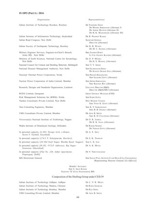 44
IS 1893 (Part 1) : 2016
Organization Representative(s)
Indian Institute of Technology Roorkee, Roorkee DR YOGENDRA SINGH
DR MANISH SHRIKHANDE (Alternate I)
DR ASHOK MATHUR (Alternate II)
DR B. K. MAHESHWARI (Alternate III)
Indian Institute of Information Technology, Hyderabad DR R. PRADEEP KUMAR
Indian Road Congress, New Delhi SECRETARY GENERAL
DIRECTOR (Alternate)
Indian Society of Earthquake Technology, Roorkee DR H. R. WASON
DR M. L. SHARMA (Alternate)
Military Engineer Services, Engineer-in-Chief’s Branch, BRIG SANDEEP RAWAT
Army HQ, New Delhi LT COL GAURAV KAUSHIK (Alternate)
Ministry of Earth Sciences, National Centre for Seismology, DR O. P. MISHRA
New Delhi DR H. S. MANDAL (Alternate)
National Council for Cement and Building Materials, Ballabgarh SHRI V. V. ARORA
National Disaster Management Authority, New Delhi SHRI SACHIDANAND SINGH
DR SUSANTA KUMAR JENA (Alternate)
National Thermal Power Corporation, Noida SHRI PRAVEEN KHANDELWAL
SHRI SAURABH GUPTA (Alternate)
Nuclear Power Corporation of India Limited, Mumbai SHRI ARVIND SHRIVASTAVA
SHRI RAGUPATI ROY (Alternate)
Research, Designs and Standards Organization, Lucknow EXECUTIVE DIRECTOR (BS)
DIRECTOR (BS)/SB-I (Alternate)
RITES Limited, Gurugram GROUP GENARAL MANAGER (CED)
Risk Management Solutions Inc (RMSI), Noida SHRI SUSHIL GUPTA
Tandon Consultants Private Limited, New Delhi PROF MAHESH TANDON
SHRI VINAY K. GUPTA (Alternate)
Tata Consulting Engineers, Mumbai SHRI K. V. SUBRAMANIAN
SHRI B. B. GHARAT (Alternate)
VMS Consultants Private Limited, Mumbai MS ALPA R. SHETH
SHRI R. D. CHAUDHARI (Alternate)
Visvesvaraya National Institute of Technology, Nagpur DR O. R. JAISWAL
DR R. K. INGLE (Alternate)
Wadia Institute of Himalayan Geology, Dehradun DR RAJESH SHARMA
DR VIKRAM GUPTA (Alternate)
In personal capacity, [L-802, Design Arch, e-Homes, DR A. S. ARYA
Sector-5, Vaishali, Gaziabad]
In personal capacity [174/2 F, Solanipuram, Roorkee] DR S. K. THAKKAR
In personal capacity [36 Old Sneh Nagar, Wardha Raod, Nagpur] SHRI L. K. JAIN
In personal capacity [H-102, V.V.I.P. Addresses, Raj Nagar DR A. K. MITTAL
Extension, Ghaziabad]
In personal capacity [Flat No. 220, Ankur Apartments, DR V. THIRUVENGADAM
Patparganj, Delhi]
BIS Directorate General SHRI SANJAY PANT, SCEINTIST E AND HEAD (CIVIL ENGINEERING)
[Representing Director General (Ex-Officio)]
Member Secretary
SHRI S. ARUN KUMAR
SCIENTIST ‘D’ (CIVIL ENGINEERING), BIS
Composition of the Drafting Group under CED 39
Indian Institute of Technology Jodhpur, Jodhpur DR C. V. R. MURTY
Indian Institute of Technology Madras, Chennai DR RUPEN GOSWAMI
Indian Institute of Technology Bombay, Mumbai DR RAVI SINHA
VMS Consulting Private Limited, Mumbai MS ALPA R. SHETH
 