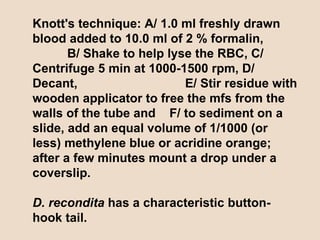 Knott's technique: A/ 1.0 ml freshly drawn blood added to 10.0 ml of 2 % formalin,  B/ Shake to help lyse the RBC, C/ Centrifuge 5 min at 1000-1500 rpm, D/ Decant,  E/ Stir residue with wooden applicator to free the mfs from the walls of the tube and  F/ to sediment on a slide, add an equal volume of 1/1000 (or less) methylene blue or acridine orange; after a few minutes mount a drop under a coverslip. D. recondita  has a characteristic button-hook tail. 