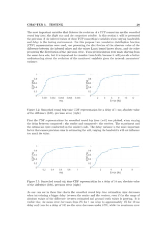 CHAPTER 5. TESTING 28
The most important variables that dictates the evolution of a TCP connection are the smoothed
round trip time, the ﬂight size and the congestion window. In this section it will be presented
the precision of the inferred values of these TCP connection’s variables when varying bandwidth
and delay in the testing environment. For this purpose two cumulative distribution function
(CDF) representation were used, one presenting the distribution of the absolute value of the
diﬀerence between the inferred values and the values Linux kernel knows about, and the other
presenting the distribution of the precision error. These representation were made starting from
the same data sets, but it is important to visualize them both, because it will provide a better
understanding about the evolution of the monitored variables given the network parameters’
variance.
Figure 5.2: Smoothed round trip time CDF representation for a delay of 1 ms; absolute value
of the diﬀerence (left), precision error (right)
First the CDF representations for smoothed round trip time (srtt) was plotted, when varying
the delay between computer6 - the sender and computer9 - the receiver. The experiment and
the estimation were conducted on the sender’s side. The delay variance is the most important
factor that causes precision error in estimating the srtt, varying the bandwidth will not inﬂuence
too much its value.
Figure 5.3: Smoothed round trip time CDF representation for a delay of 10 ms; absolute value
of the diﬀerence (left), precision error (right)
As one can see in these line charts the smoothed round trip time estimation error decreases
when introducing a bigger delay between the sender and the receiver, even if the the range of
absolute values of the diﬀerence between estimated and ground truth values is growing. It is
visible that the mean error decreases from 2% for 1 ms delay to approximately 1% for 10 ms
delay and then for a delay of 100 ms the error decreases under 0.5%, while the maximum error
 