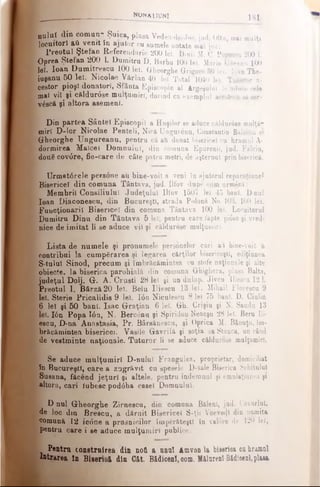 oului din comun- Şuica, plasa Vedea-de-Joa, jad. Oltu, mal mulţi
locuitori afi venit în ajutor cu sumele notate mal jos:
Preotul Ştefan Referendarie 200 lei. D-nil M. 0. Popescu 200 1.
Oprea Ştefan 200 1. Dumitru D. Barbu 100 lei. Marin Udeanu 100
lei. loan Dumitrescu 100 lei. Gheorghe Grigore 50 let. loan The-
iuşanu 50 lei. Nicolae Vărlan 40 lei Total 1040 lei. Tuturor a-
cestor pioşi donatori, Sfânta Episcopie al Argeşului le aduce cele
mai vil'fi cRldunSse mulţumiri, dorind ca exemplul acestora eâ eer-
v£sc& şi altora asemeni.
Din partea Sântei Episcopii a Huşilor ee aduce căldur6se mulţă"
miri D-lor Nicolae Penteli, Nică Ungui6nu, Constantin Bâlt£nu 8*
Gheorghe Ungureanu, pentru că ati donat bisericel cu hramul A-
dormirea Maîcel Domnului, din comuna Eparenil, jud. Fălciu,
două cov0re, fie-care de câte patru metri, de aşternut prinbiserică.
Urmat0rele persone au bine-voit a ?eni în ajutorul reparaţiune*
Bisericel din comuna Tântava, jud. Ilfov dupe cum urmlză:
Membrii Consiliului Judeţului Ilfov 1507 lei 45 bani. D-nul
loan Diaconescu, din Bucureşti, strada Polonă No 103/ 100 lei.
Funcţionarii Bisericel din comuna Tântava 100 lei. Locuitorul
Dumitra Dinu din Tântava 5 lei; pentru care fapte pi5se şi vred­
nice de imitat li se aduce vii şi căldurose mulţumiri.
I Lista de numele şi pronumele personelor cari ai bine-voit a
contribui la cumpărarea şi legarea cărţilor bisericeşti, ediţiunea
S-tulul Sinod, precum şi îmbrăcămintea cu stofe naţioaale şi alte
obiecte, la biserica parohială din comuna Ghighera, plasa Balta,
judeţul Dolj. G. A. Crusti 28 lei şi un dulap. Jivcu Iliescu 121.
Preotul I. Bârză20 lei. Belu Iliescu 13 lei. Mihail Florescu 9
:lei. Sterie Pricalidis 9 lei. Ιόη Niculescu 8 lei 75 bani. D. Ciulin
6 lei şi 50 bani. Isac Graţian 6 lei. Gh. Crişiu şi N. Sandu 13
lei. Ιόη Popa Ιόη, N. Berc0nu şi Spiridon Neacşu 28 lei. Beru lli-
escu, D-na Anastasia, Pr. Bârsăneecu, şi Oprica M. Bănuţn, îm­
brăcămintea bisericel. Vasile Gavrilă şi soţia sa Stanca, un rând
de vestminte naţionale. Tuturor li se aduce căldurose mulţumiri.
Se aduce mulţumiri D-nuIuT Frangulea, proprietar, domiciliat
în Bucureşti, care a zugrăvit cu spesele D-sale Biserica Schitului
Snsana, f&cend jeţuri şi altele, pentru îndemnul şi emulaţiunea şi
;altora, cari Iubesc pod0ba casei Domnului.
I D nul Gheorghe Zirnescu, din comuna Bălenl, jud. Covurlul,
■de loc dm Brescu, a dăruit Bisericel S-ţii Υοβνοφ din numita
;Oomună 12 icdne a prasnicilor împărăteşti în valore de 120 lei,
■‘pentru care i ee aduce mulţumiri publice.
y f e s f e ' · . . ; NONAT IUNI ] g |
Pentru construirea din nofl a unul Amvon la biierioa ca hramul
îatrarea în Biaerioi din Cit. B&dieenî, corn. Mălurenl-Bâdieenl,ptaaa
 