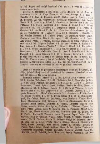 şi jad. Argeş, mal mulţi locuitori s'afl grăbit a veni în ajutor cn
sumele ce urm6ză:
Preotul N. Mălurenu 5 lei. D-nil Ghiţă Buescu 10 lei. loan A-
vrămescu 12 lei. N. Popa Toma 8 lei. loan Neaoşa 8 1. loan I.
Dascălii 8 1. Stan ffl. Popescu, ioniţă Serbu, loan N. Spoiala, Stan
M. Popescu, Al. Gh. Constantin, Gristaohe Constantin, Gh. Sandu
Radu, N I. Dasoălu şl Mihal G. Constantin, fie-care câta 5 lei. Ιόη
Pătraşcu 3 1. Vasile Vasilescu 3 1. Florea M. Stăni· ă 6 1. fflihal
Ionescu 6 lei. Ιόη Lisandru 3 1. Dragoair Marin 3 1. Pătru ffl.
Ciotoloc 3 1. .όη Dinoă Preda 4 1. Dumitru Cristodorescn 18 lei.
N. Gb. Constantin 15 1. Andrei liuţă 10 1. Dumitru I. Dascălu 8
lei. Nicolae Dutescu 8 1. Tudose Dann. Gr. Dumitru Goşoî, Const.
Costesou. loan Dică, Ilie 1. Pătraşcu, I. Gh· Constantin. I. Const.
Anghelina, Preda I. Ferarin, Nicolae Dănescu şi Sima Petrescu fie­
care câte 5 lei. Grigore Tudose 5 1. 5u bani. Const. M. Rădol 5 1.
loan Neaoşa 51. Dumitru Vasile 3 1. Stan 1. Dinoă 3 1. Marin Dică
2 1. 50 b. Const. Anghelina 4 1. loan Gh. Ciontoloo 2 1. 50 b. Ιόη
Dumitresou 3 1. Pandelic&Gh. Dinu 31. mae I. Dascălu 4 1. Marin
Paceşilă 3 1. Ioniţă Siminea 2 1. 50 b. Preda I. Ferariu 3 1. 50 b.,
şi alţi loouitorl, de la oari s’aft adunat sama de lei în total. 435
bani 60. Pentru aceste ρ'όββ şi laudabile fapte creştineşti, Sf. E-
pisoopie a Argeşului le aduce cele mal vil mulţumirii, dorind ca e-
xemplnl acestora se serv0scă in viitor şi altor asemenea.
Lista de numele şi pronumele locuitorilor comunei Brăneştil, pl.
Jilţu, judeţul Gorj, cari contribuit la repararea bisericel cu hra­
mul Sf. Nicolae din acea comună.
Primăria comunei Brăneştil 250 lei. Preotu loan Constantinescu
20 1. Nicolae VoIoulesculO 1. Gh. Volintiru 10 1. Gheorghe Şefban
II 7 lei. loan Popescu BrSneştl 7 1. Mcolae B. Gâfa 6 1. Nicolae
Fumuresiu, Trancă Spânn, Const. God6nu, Barbu D. Gâfo, Dumitru
Sândulescu. Gh. I. Teliann, Sandu M Văduva şi Tadosie B. Gâfa
fle care oftte 5 UI. Ilie Grigoroiu 4 lei Dumitru Cârstea 3 1. Gri­
gorie Popescu 3 1. Mihal Cârciumariu 3 1. Constantin P. Cftr«tea 3
lei. Sandu Visduţu 2 1. 50 b. Preda Firoiu 2 1. 50 b. Stancu Dra-
gotă, Gh. Calotă, Dumitru Şelărescu, loan Pusdrea, Vasile' P6rcă,
Matei Cărciumarin, Nică Vâlct-anu, Const. A. Cârciumarin. Barbu P.
Tănasie. Marin Traşcă, Dumitru M. Voinea, Dumitra Bizocu, loan
Stoian, Ancuţa Stoian, Nae Spânu, Tadosie St. Vâdava, Tudor Go­
dina, Pătru Voinea, loan M. Şelariu, Ιόη R. Famarin, Mihal Liţâ.
Ιόη S. Uţa, Marin Cârstea. loan Gh. Tomeson, loan Pr. Ilinca, Ιόη
F. Fetiţa, Marina B. Tomesco. loan Popesou Capu Dealu, Barbu
Cftrstea. loan D. Teliann. Vasile Petoo, Const. N. Tnlbă, Const. To-
mescn, Gh. B. Ciolacu, Vasile D. Teliann, Ghiţă D. Tomeson, Maria
M. Lica. Ilie D. Peton, Preda Bilariu, Stancu Caoioră, Dumitrn O*
larin, Florea Leoampă, Nien Bunea, Barbn I. Văduva, Traşoâ D.
Peton, Matt-Ι Petcn, Conat. Vellcan. Dum. Tulbă, Barbu Traietarin,
Constantin Diaconiţa, Nicolae Ţarandă, Nedelou Vintilă, loan St.·
Vintilă, Ιόη N. Privită, Const. Famariu, Sandu Vălceanu, Ilie Mus
 