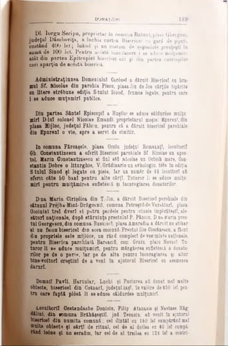 DONAŢiUfU
1)1. lorgu beri pa, proprietar in comuna BâltenT, plasa Gbergani,
judeţul Dâmboviţa, a închis curtea Bieericel cu gard de şipcil,
costând 400 lei; luând şi un costum de veştminte preoţeşti în
lu m ft d e 1 0 0 lei. Pentru acostă bine-facere i ee aduce mulţumiri
atât din partea Epitropiei bisericel cât şi din partea enoriaşilor
cari aparţin de acesta biserică.
Adminiitraţiunea DomeninloI Cur6n«I a dăruit Bisericel cu hra­
mul Sf. Nioolae din parohia Pleca, plasaJiu de Jos cărţile tipărite
ea litere strfibune ediţia S-tulul Sinod, frumos legate, pentru care
1 se adnoe muţnmirl publice.
Din partea Sftntel Episcopii a Huşilor se aduce oăldur0se mulţu­
miri D-ln! colonel Nicolae Emandi. proprietarul moşiei Epurenl, din
plasa Mijloc, judeţul Fălcm. pentru că a dăruit bisericel parohiale
din Epnrenl o vie, spre a servi de cimitir.
In comuna F&rcaşele, plasa Ocolu judeţul RomanaţI, locuitorii
Gh. ConatAntinesou a oferit Bisericel parohiale Sf Nioolae un apos­
tol, Marin Gonstantinescu si fiul sfitt Mcolae un Octoih mare, Con­
stantin Dobre o liturghie, V.Grădinăriţi un evhologiu. tote In ediţia
S-tulul Sinod şi legate cu piele, Iar un numfir de 48 locuitori aii
oferit c&te 50 bani pentrn alte cărţi. Tuturor li se aduce mulţu­
miri pentru mulţ&mirea sufletescă şi Incnragiarea donatorilor.
D-na Maria Ciiişoica din T.-Jin, a dăruit Biserioel parohiale din
o&tnnul Prejbi-Micl-Drăgotnil. comuna Petreştilda Vărsături, plasa
Ooolulnl trei dverl ţi pt»tru perdele pentru ic6nele împărăteşti, ale-
s&tnrl naţionale, după stăruinţa preotului P. Pănolu. Dna Varia preo­
tul Georgescn.dln comuna Busuioci, plasa Amaradia a dăruit nnstihar
şi nn feionbisericel din acea comună.Preotul Ilie Ciooăneecu, a f&ont
din propriele sale mijl0ce, nn rând complect devestmintenaţionale,
pentru Biserica parohială Baroacifl, com. Grniu. plain Novaci. Tu­
turor li se aduce mulţumiri, pentru m&ngăerea sufleUscă a donato­
rilor pe de o pane, iar pe de alta pentru Incnragiarea şi altor
binevoitori creştini de a veni In ajntornl Bisericel ou asemenea
daruri.
Domnii Pavli. Hartnlar, Luchi şi Paclnrea aii donat mal nnlte
obiecte, bieericel din Cotnari, judeţullaşi, lnval6re de150 lei, pen­
tru oare faptă pl6s& 11 se adnoe o&ldnr0se mulţumiri.
Locuitorii Costandache Donioiu, Filip Atanasie şi Nastase Măg-
dălini, din tomuna Brăhăşeştll. jud. Tecuoiu, at venit tn ajutorul
bisericel din numita comună; cel dlnt&I ou 150 lei oumpăr&ndmal
multe obiecta şi o&rţl de ritual, cel de al doilea cu 10 lei cumpă-
*&nd Ιοόηβ şi un serafim, Iar cel de al tnilea ea 128 lei a oontri-
 