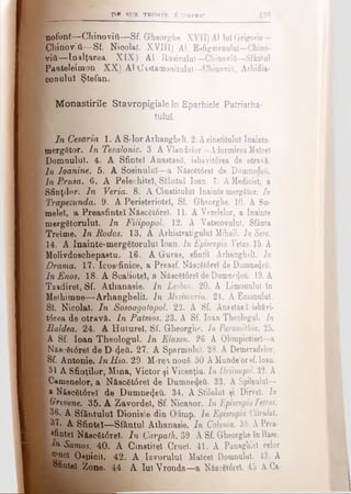 D*l SUB TROn IH, iţ^TTvfKRlf!
■nofont—Chinoviti—Sf. Gheorghe. XVII) Al luî Grigorie—
Chinov.ii—Sf. Nicolai. XVIII) Al Esfi^menulul—Chino­
vii!—Inalţarea. XIX) Al Rusicului—Chinoviti—Sfântul
Panteleimon XX) Al Cistamonitulul—Chinoviti, Arhidia-
conulul Ştefan.
■ 37
■ efi
I■ Cl'
1
Monastirile Stavropigiale în Eparhiele Patriarha­
tului
In Cesaria 1. A S-lor Arhangheli. 2. Acinstitului Inaiote-
mergStor. In Tesalonic. 3 AVlandelor—AdormireaMaiceî
Domnului. 4. A Sfintei Anastasii, isbăvitârea de otravă.
In Ioanine. 5. A Sosinulul—a NăscStdrel de Dumnedeii.
In P.rusa. 6. A Peleehitel, Sfântul loan. 7. AMediciel, a
Sfinţilor. In Veria. 8. A Cinstitului înainte mergător. In
Trapezunda. 9. A Peristeriotel, Sf. Gheorghe. 10. A Su-
melel, a Preasfintel N&ac3t6rel. 11. A Vezelelor, a înainte
mergătorului. In Filipopol. 12. A Vatscovului, Sfânta
Treime. In Rodos. 13. A Arhistrategului Mihail, In Sere.
14. A înainte-mergătorului loan. In Episcopia Vetas. 15. A
Molivdoschepastu. 16. A Guras, sfinţii Arhangheli. In
Drama. 17. Icosifinice, a Preasf. Nâscăt6rel de Dumne4eii.
In Enos. 18. A Scaliotel, a Nâsc6t6rel de Dumnezeii. 19. A
Tzadirel, Sf. Athanasie. In Lesbos. 20. A Limonulul in
Methimne—Arhanghelii. In Mesimvria. 21. A Emonulul,
Si. Nicolal. In Sosoagatopol. 22. A Sf. Anastas'! iebăvi-
t6rea de otravă. In Patmos. 23. A Sf. loan Theologul. In
Ealdea. 24. A Huturel, Sf. Gheorghe. In Paramithia. 25.
A Sf. loan Theologul. In Elason. 26 A Oliropiotisel—a
!Nâfk-6i6rel de D-4e^· 27. A Sparmulul. 28. A Demeradelor,
Sf. Antonie. InHio. 29. M-re^ nouă. 30 AMunde’oraf.loan.
31 A Sfinţilor, Mina, Victor şi Vicenţiu. In Driinupol 32. A
LCamenelor, a NăscSt6rel de Dumne4eti. 33. A Spileulul—
a N&ecfit6re! de Dumnezeii. 34. A Stilului şi Dirvel. In
[ Grevene. 35. A Zavordel, Sf. Nicanor. In EpiscopiaFetras.
36. A Sfântului Dionisie din Olimp. In Episcopia Citrului.
37. A Sfintei—Sfântul Athanasie. In Colonia. 38. APrea-
sfintel Nâacăt6reî. In Carpath. 39. A Sf. Gheorghe înBase.
m Samos. 40. A Cinstitei Cruci. 41. A Panaghiel celor
^bcI Ospicii. 42. A Izvorului Maiceî Domnului. 43. A
Sfintei Zone. 44. A luiVronda—a Nâa:ăt0vel. 45 ACa-
 