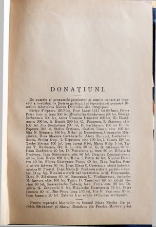 D O N A Ţ I U N I .
De numele şi pronumele pers6nelor şi sumele cu care ati bine­
voit a contribui la facerea grilajului şi reparaţiunel necesară Bi-
sericel Adormirea Maîcel Domnului din Drăgăşanl.
Stefan Filipeecu 1510 lei. Paul Lazăr 1441 lei 80 bani, Firma
Petru loan şi frate 300 lei, Mihalaiche Săndulescu 200 lei, George
Şer.bănescu 300 leî, Anica Vrancea Ivanovicl 400 lei, llie Dumi-
trescu 200 leî, Gr. Moşoiu 300 lei, C. Pâuneacu, K. St&neecu câte
100 lei, Nae Săndulescu 200 lei, D. Şerbănescu 100 lei D. Ilie
Popescu 120 lei, Stefan Creţianu, Costică Iliescu câte 100 lei,
Siţa N. St&neecu 150 Iei, Mihail şi Demetrescu, Constantin Măr-
gin£nu, D-na Masinca Carabatache, Alecu Bueurel, Costaclie I-
liescu, Stefan Goţa, I. Miţnlescu câte 100 lei, I. Iliescu 150 lei,
Tache Sterian 100 lei, loan Iureş! 6 lei, Maria Filip 5 lei, Tu­
dor T. Marinescu, Gb. S. L. câte 20 lei, G, G. Stănescu 80 lei,
Păun Zanfirescu 40 lei, D. Voiculescu şi frate 60 lei, Mihalache
Predescu, loan Săndulescu câte 80 lei, Dumitru Constantinescu
40 lei, loan Bratu 100 lei, Maria I. Petcu 40 lei, Nicolae Dumi­
tru 10 lei, Florea Georgescu Pueţu 40 lei, D-na Ioeefina Petri
a oferit Advera 80 lei, D-na Elena C. Costeecu a oferit îmbrăcă­
mintea Sf- Prestol. D-na MariaD. Predescu a oferit perdele ic0ne-
lor. D-na Ag. Niculau a oferit îmbrăcămintea la Sf. Proscomidie.
D-nu P. Slăvitescu 60 lei, Smaranda C. Vladimirescu, lordacbe
N. Iun^scu câte 100 lei, Tudor D. ToncovicT 69 lei, Gbiţft Ste­
rian 30 lei, Smarandacbe Tabacu, loan Farca câte 20 lei, Di-
mitrie G. Zenovschi 5 lei, Mibalache Dumitreecu 75 lei, Petre
lonescu 40 lei, Nae Petcu loan 100 lei, llie P. Vaaileecu 30 lei,
loan lonescu 20 lei. Tuturor li se aduce c&ldurdse mulţumiri.
I Pentru reparaţia bisericilor cu hramul Sântu Nicolae din pa­
rohia Bărcănesei şi Sântul Dumitriu din Parohia Milcovu plasa
 
