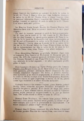 DONAŢIUNI 2 8 6
donat bisericel din localitate nn epitrahil de stofă, in val6re de
lei 20, D-l Toma I. Stanciu idem ana ic6nă Înălţarea Domnului
în val6re de lei 20, D-l Nicolae Ghiţă, a donat bisericel filiale
cu patronul Adormirea Maiceî Domnului din Cotuna Drăgheştl
acelaşi Comună un epitrahil de stofă în val0re de lei 20. Tuturor
li se aduce mulţumiri pablice,
La Biserica S-tulul Ierarh Nicolae din Comuna Măcrina Jud.
Râmnicu-Sărat s’aâ făcut următ6rele donaţiuni, de către pioşiî
creştini:
Uu rând de vesminte preoţeşti de stofă de lână şi acoperemân-
tul Sf. vase, t<Ste în valore de lei 100, donate de D-l Eni Brato-
sin din £isa Comună, un chivot pentru păstrarea Sf. Taine în va-
I0re de lei 6, donat de D-l lancu Scarlat, idem îmbrăcămintea pe
Sf. Prestol şi Proscomidie, în val6re de lei 10, donate de D e l vă­
duva Mariuţa I. Cerviş, idem, un Epitrahil de fir în valdre de lei
24, dat de E-l Nicolae Gelep din Oraşu Râmnicu-Sărat, un Ana­
log cu îmbrăcămintea Iul t6te in valore de lei 12 idem de D-l
Dimitrie Tabac idem, idem. Tuturor li se aduce mulţumiri.
D-na Alexandrina Darvaris, proprietară, dăruind, dupre cum
ne comunică Prea Cucernicul Protoiereu de Romanaţl prin ra­
portul No. 577—94, bisericel parohiale cu hramul Sânţii Yoevoţlî
din Comuna Strejeştil de sus, Plasa Oltu de sus, Jud. Romanaţi,
unu cădelniţă de nichel argintată; i se aduce mulţumire pentru
piosa el faptă.
D-nil Constantin Stoenescu şi Tache Protopopescu din Comuna
Popesci, plasa Maigini de sus, jud. R.-Sărat an bine-voit a dona bise­
ricel parohiale, patronul Adormirea Maiceî Domnului din (Jiea
comună, următ6rele veştminte: Un Felon, o pereche rucaviţl,
doue epitrahile şi un rând de acopereminte al sfintelor vase, t<ite
în val6re de 160 lei; iar soţia d-lui Tache Protopopescu, Ruxanda,
a dăruit o dveră la uşile Împerăteştl în valore de 15 lei, pentru
aceste fapte laudabile li se aduce căldurose mulţumiri.
Epitropia bisericel din comuna CăudeştT, plasa Bistriţa, judeţul
Neamţ, adnce căldur0se mulţumiri Părintelui Arhimandrit Da­
maschin Serghiescn, parohul M-rei Socola de lângă laşi, pentru
ofranda ce a tăcut numitei biserici, dăruind un rând de vestminte
pentru slujbă, precum şi aooperemintele ce se pun pe Sântele
vase. T0te aceste obiecte se rîdică la sama de 170 lei.
Domnul Toma Daniilescu, din comuna Islaz judeţul Brăila, a
bine voit a dona pentru Biserica acelei parohii, nn felinar cu gă­
inari colorate, spre a servi la procesiunile de înmormântare. 1 ae
aduce mulţumiri pentru o faptă atât de pi6să.
Domnul Stan S. Ciocan, comersant din urba Brăila, a bine-voit
aă doneze parohiei Bisericel din comuna Islaz, una ciuce de lemn,
 
