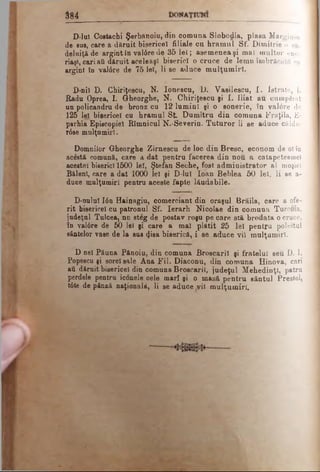 â84
D-lul Coatachi Şerbanoiu, din comuna S l o b o d i a , p l a s a M a r g i n e a
de sus, care a dăruit bisericeî filiale cu hram ul S f . D i m i t r i e o c ă ­
delniţă de argint în val0re de 35 lei; asemenea şi m a l m u l t o r e n o ­
riaşi, cari afi dăruit aceleaşi biserici o cruce de lemn î m b r ă c a t ă ou
argint în val0re de 75 lei, li se aduce m ulţum iri.
D-nil P. Chiriţescu, N. Ionescu, D. Vasilescu, I . Istrate, I.
Radu Oprea, I. Gheorghe, N. Chiriţescu şi I. Hiat au c u m p ă r a t
un policandru de bronz cu 12 lumini şi o sonerie, în val0re d e
125 lei bisericeî cu hramul S t Dumitru din comuna Frăţila, E-
parhia Episcopiei Rîmnicul N.-Severin. Tuturor li se aduce c ă l d u -
r0ee mulţumiri.
Domnilor Gheorghe Zirnescu de loc din Bresc, econom de ol în
acestă comună, care a dat pentru facerea din nou a catapetesme!
acestei biserici 1500 lei, Ştefan Seche, fost adm inistrator al moşiei
BălenI, care a dat 1000 lei şi D-lnl loan Beblea 50 lei, li se a-
duce mulţumiri pentru aceste fapte lăudabile.
D-nului Ιόη Hainagiu, comerciant din oraşul Brăila, care a ofe­
rit bisericeî cu patronul Sf. Ierarh Nicolae din comuna Turcoia,
judeţul Tnlcea, nn steg de postav roşu pe care stă brodata o cruce,
în văl6re de 50 lei şi care a mal plătit 25 lei pentru poleitul
sântelor vase de la sus (ţisa biserică, i se aduce vil mulţumiri.
D nel Păuna Pănoin, din comuna Broscării şi fratelui seu D. I.
Popescu şi sore! sale Ana F ii. Diaconu, din comuna Hinova, cari
au dăruit bisericeî din comuna Broscării, judeţul Mehedinţi, patru
perdele pentru iconele cele mari şi o masă pentru sântul Prestol,
t6te de pânză naţională, li se aduce .vii mulţumiri.
 