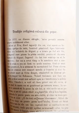 Tradiţie religiosă culeasă 4in popor.
■La 1872, un diacon călugăr, ’mi-a povestit aceasta
biupra scăldătorel oilor.
Hădam şi Eva, fiind isgoniţl din ral, sail aşezat cu lo-
Hinţa apr6pe de ralii, lucrând pământul. Spre bătrâneţe
■dam sa boln&vit de friguri şi a trimis pe fiul βδα Sit,
llîngenil care păzea la pdrta raiului, pentru a’l da ceva
Motorii de friguri. îngerul i’a dat trei seminţe ca sâ le
Hlnânce; dar nu a avut timp a le mănâncă căci a mu-
ϊφ. Inurmă ce era eă facă cu acele seminţe, fiind-c& eraţi
I luatepentru el, le-a aruncat în mormântul Iul Peste cât-va
■mp au crescut trei ramuri netede şi frum6ae şi s’ati fa­
pt arbori mari şi f<5rte drepţi, rămânând ne distruşi pâ-
ptn timpul Iul Solomon. Voind Solomon a’şt face uu
plat, a tăiat aceşti trei arbori spre a-i întrebuinţa la ac£sU
pfc. Ţăindu-1, a voit a’l face grinzi sau alt ce-va, şi
P®când le aşeza nu ee potriveati pe m&sura aceea; în ur-
l* k nafteurăsă le puua la alt loc, şi nici acolo nu se po-
ţi ast-fel până când s’a^lipsit^de ele şi le-a lepădat,
r^du-le punte peete un mic riuleţ, şi cine va trece pes-
eă <}ică: „O de treî orljlemne blestemate11. Stând ele
timp ca punte peste "acel ’rîuleţ, EvTeil aii făcut
ele un iaz, oprind rîul şi umflându*se un
unde preoţii spălaţi m lruntael· oilor. In pre­
otul b ftftre In»* «λ»ι<ι&*α*λ·
 