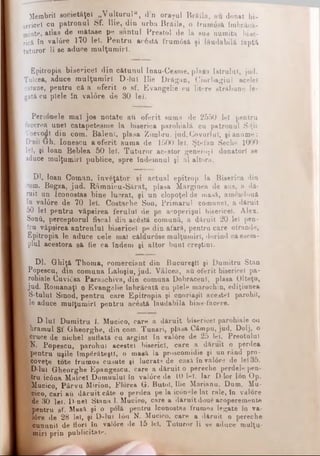 Membrii societăţel „V ulturul", din oraşul Brăila, au donat bi-
geviceî cu patronul &f. Ilie, din urba Brăila, o trumosă Îmbrăcă­
minte, atlas de mătase pe sântul Prestol de la sus numita bise­
rică în val6re 170 let. P entru ar6stă frum6să şi lăudabilă faptă
tuturor li se aduce m ulţum iri.
Epitropia bisericel din cătunul Inau-Cesme, plasa Ietrului, jud.
Tulcea, aduce m ulţum iri D-lut Ilie Drăgan, Ciorbagiul acelei
cătune, pentru că a oferit o sf. Evangelie cu litere străbune le­
gată cu piele Sn valore de 30 lei.
Personele mal jos notate au oferit suma de 2550 lei pentru
îacerea unei catapetesme la biserica parohială cu patronul S-ţii
Voevodi din com. Bălenl, plasa Zimbru. jud.Covurlul, şi anume:
D-niî Gh. Ionescu a·oferit suma de 1500 lei. Ştefan Seche 1000
lei, şi loan Beblea 50 lei. T uturor acestor generoşi donatori se
aduce mulţumiri publice, spre îndemnul şi al altora.
Dl. loan Coman, învăţător şi actual epitrop la Biserica din
com. Bogza, jud. Râm nicu-Sărat, plasa Marginea de sus, a dă­
ruit un Iconostas bine lucrat, şi un clopoţel de masă, ameudouă
în val0re de 70 leî. Costache Son, Primarul comunei, a dăruit
50 lei pentru văpsirea ferului de pe acoperişul bisericel. Alex.
Sonii, perceptorul fiscal din acestă comună, a dăruit 20 lei pen­
tru văpsirea antreulul bisericel pe din afară, pentru care ofrande,
Epitropia le aduce cele mal căldurose mulţumiri, dorind ca esem-
plul acestora să fie ca îndem şi altor buni creştini.
Dl. G hiţă Thoma, comerciant din Bucureşti şi Dumitru Stan
j Popescu, din comuna Laloşiu, jud. Vâlcea, aii oferit bisericel pa-
| robiale Cuviosa Paraschiva, din comuna Dobrâcenl, plasa Olteţu,
i jud. Roinanaţl o Evangelie înbrăcată cu piele marochin, ediţiunea
I S-tulul Sinod, pentru care Epitropia şi enoriaşii acestei parohii,
I le aduce mulţumiri pentru acostă laudabilă bine-facere.
I D-lul Dumitru I. Mucico, care a dăruit bisericel parohiale ou
I hramul Sf Gheorghe, din com. Tunari, plasa Câmpu, jud. Dolj, o
cruce de nichel suflată cu argint în val0re de 25 lei. Preotului
■ N. Popescu, parohul acestei biserici, care a dăruit o perdea
* pentru uşile împărăteşti, o masă la proscomidie şi un rând pro-
• coveţe tote frumos cusute şi lucrate de casă în val6re de lei 35.
- D-lui Gheorghe Epangescu, care a dăruit o pereche perdele pen­
tru ic0na Maiceî Domuulul în val0re de 10 1*1. Iar D ior Ion Op.
Mucico, Pârvu Mirion, Florea G. Butoi, Ilie Marianu, Dam, Mu­
cico, cari aii dăruit câte o perdea pe la iconele lat rale, tn valore
de 30 lei. D-nel Stana I. Mucico, care a dăruit două acoperemente
pentru sf. Masă şi o polă pentru Iconostas frumos legate în va­
iere
