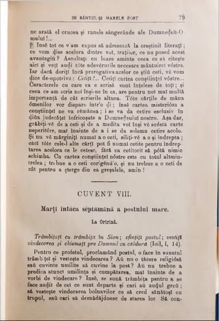 în sAn t u l ş i m a r e l e p o s t
ne arată el crucea şi ranele sângerânde ale Dumnedeu-0-
mulul!...
§·; InsS tot ce v'am expus să adresează la creştinii literaţi;
ce vom ^ise acelora dintre voi, fraţilor, ce nu posed acest
avantagiu ? Ascultaţi cu luare aminte ceea ce si citeşte
aici şi veţi audi t6te adevărurile necesare mântuirel vdstre.
Iar dacă doriţi încă prerogativa acelor ce ştiâ ceti, vă vom
dice de-opotrivă: Cetiţi!... Cetiţi cartea conştiinţei vdstre...
Caracterele cu care ea e scrisă sunt înţelese de toţi; şi
ceea ce am scris noi înşi-ne în ea, are pentru noi mal multă
importanţă de cât scrierile altuea. Tdte cărţile de mâna
dmenilor vor dispare într’o d i; însă cartea misteridsa a
conştiinţei ne va rămânea ; i se va da cetire esclusiv în
Ziiia judecăţel înfricoşate a Dumnezeului nostru. Aşadar,
grăbiţi-vă de a ceti şi de a medita voi înşi vă acdstă carte
neperitdre, mal înainte de a i se da solemn cetire acolo.
Şi nu vă mărginiţi numai a o ceti, siliţi-vă a o şi îndrepta ;
căci tdte cele-1 alte cărţi pot fi numai cetite pentru îndrep­
tarea acelora ce le cetesc, fără ca cetitorii să pdtă nimic
schimba. Cu cartea conştiinţei ndstre este cu totul altmin­
trelea ; trtbue a o ceti corigend’o, şi nu trebue a o ceti de
cât pentru a şterge din ea greşalele, amin !
CUVENT VIII.
Marţi întaea septămână a postului mare.
La Ortrină.
Trâmbiţaţi cu trâmbiţă în Sion; sfinţiţi postul; vestiţi
vindecarea şi chiemaţl pre Domnul ou căldură (Ioil, I, 14).
Pentru ce profetul, proclamând postul, o face în sunetul
trâmbiţei şi vesteşte vindecarea ? Αύ nu o tăcere religidsă
sail cuvinte umilite să cuvine la post? Au nu trebue a
predica atunci umilinţa şi cumpătarea, mal înainte de a
vorbi de vindecare ? Insă, se sună trâmbiţa pentru a se
face audit de cel ce sunt departe şi cari au auZul greii;
să vesteşte vindecarea bolnavilor ce să cred sănătoşi cu
trupul, saii cari să desnâdăjduesc de starea lor. Să con­
 