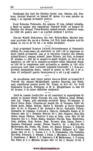86 LO AT1L'M
Cantlretul Ion Onel din Parohia Cotoin nom. Baicoiu, jud. Pra-
hova, darnind bisericel on hramul Sf Anton d n aces parohie un
steag, i se esprim& moltamirI pnblice.
D -nul Petrache Tadoraoh.e, din eomuna P1 vna, judeVil Ialom4a,
a %out on spesele sale reparatlunl bisericel filiale on hramul 8f.
Dimitrie din oltunul Valea-Rusultil, comuna, oheltnind sums
de 1200 lel, pentrn care i se '3:Trim& multumi '[ public°.
Preotul Mateit Dum,tresen, din com. Galicea-Mare, dirnind bise-
ricel parobiale din paroh a Galicea. jud. Dolj, don& sfegnice mid de
in val, re de 80 lel, i se adnee multumirI.
D-nil proprietarl Dumitru ( rlitrol) Pociovalisceann 41 Constantin
(Codin) Potiovalisceann, all contribuit on 220 I lel la repararea zi-
dulal vechifi al bisericel, cum §i la tenenirea biseriotil din cAtuntil
oomuna Albenil, plasa Calnicu, jnd Gorj, on hramul
Zf. .Nicolae, o i 600 lel la acoperir,.a acelel biseriel, on 3000 lel la
zugavire, on 360 lel Ia onmperarea cartilor edipa Sfantulul Sinod,
Cu 300 lel la cumpharea unul policandrn °I candele, 100 lel la
procnrarea until rand vi-stminte nationale biserice°t1; I r Dna pro-
prietar5, Alexandrina Bejan, venind In ajntor cu 600 lel, Ii se a-
duce vil mulOmirl pentrn Incurajarea §1 a alt r p creFitinl.
La cump6rarea until olopot pentrn biserica filial& on hramul S. I
Voevocil din catunul MIrgAriteqtil, parohia Racovqa, jud. Roma-
contribuind preotul paroh Gh. Trifieu on 310 lel; lar DniI
Constantin Grigorie Preenpe0 °I M. N. MIrglritesou en oats 20
lel fie-care, li se adnco olldur6se multumirl.
List& de numele locnitorilor oe aii contribuit la reparatiunea bi-
Berkel cu. hramul SlIntil Voevall, din com. plasa Calug&-
renl, jod. Vlagea, prin stkruinta preotultil Marin Bo negeann, D.
Hie Eli Pettit Rada. : Proprietarui moQiel, Gh. D. Vernescu 5000 lel.
Badea Radn, Badea Neac§n, Barba D. Mustafa Qi Barbn Romano
ate 15 lei. C. Popescn 5 lel. Costand n Ba.bn, Costandin Tufanu,
Costandin Fr tifiteann, C instRnd it Standu, Costandin Spann §1 D.
Comann (late 15 1. Dumitru Nienian 30 1. Duti Popescn, inu
Dobre Ileum ITAcluva, Dumitru C zacu Dum. Alba sate 15 lel.
Dumitru Die 5 1. Dobre Badea, Dumitru Plavitu, Dnm. Moldovenn,
Dam. Nidikea Dum. Coraca, Dam. PeAarn, Dam. Lenca, Dobre 1.
Saceanu, Ferdinand Lareqn, Florea Dumitru, Gr. 1. Mittel'', Oh.
Moldoveanu, Oh. Preda, Gh. Stan, Gr. Station Popescn, I. Popescn,
I. Constant neson, Ivan Bulneeann, I. Marin Bajanaru qi I Cam-
peann sate 15 le'. I. Tarcea 5 1. I. C. Frateqteenn, Ilie Fadulica,
Ilia Dum. Potecaru, I. Neamin, I. Zinn, 1. Miroqaun, I. Stoeneqtenn,
I. Carstieann, I Mate!, I. I. Sapunarn, I. M. Moldoveann, I. PAinica,
Ilia Petra I. I. Mititeln fle-oare nate 15 lel. 1. Qum 10 lel. I.
aceiall
slams,
Albenil-Birn10,
si
osi
nett,
---
Balariea,
Die,
si
si
www.dacoromanica.ro
 