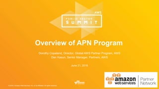 © 2016, Amazon Web Services, Inc. or its Affiliates. All rights reserved.
June 21, 2016
Overview of APN Program
Dorothy Copeland, Director, Global AWS Partner Program, AWS
Dan Kasun, Senior Manager, Partners, AWS
 