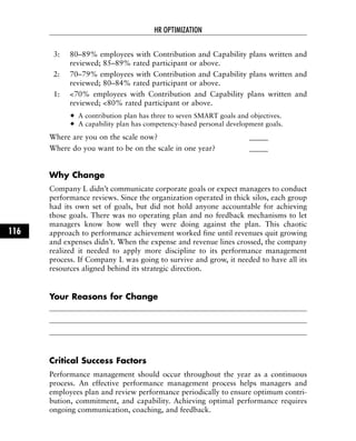 3: 80–89% employees with Contribution and Capability plans written and
reviewed; 85–89% rated participant or above.
2: 70–79% employees with Contribution and Capability plans written and
reviewed; 80–84% rated participant or above.
1: <70% employees with Contribution and Capability plans written and
reviewed; <80% rated participant or above.
A contribution plan has three to seven SMART goals and objectives.
A capability plan has competency-based personal development goals.
Where are you on the scale now? _____
Where do you want to be on the scale in one year? _____
Why Change
Company L didn’t communicate corporate goals or expect managers to conduct
performance reviews. Since the organization operated in thick silos, each group
had its own set of goals, but did not hold anyone accountable for achieving
those goals. There was no operating plan and no feedback mechanisms to let
managers know how well they were doing against the plan. This chaotic
approach to performance achievement worked fine until revenues quit growing
and expenses didn’t. When the expense and revenue lines crossed, the company
realized it needed to apply more discipline to its performance management
process. If Company L was going to survive and grow, it needed to have all its
resources aligned behind its strategic direction.
Your Reasons for Change
Critical Success Factors
Performance management should occur throughout the year as a continuous
process. An effective performance management process helps managers and
employees plan and review performance periodically to ensure optimum contri-
bution, commitment, and capability. Achieving optimal performance requires
ongoing communication, coaching, and feedback.
HR OPTIMIZATION
116
 