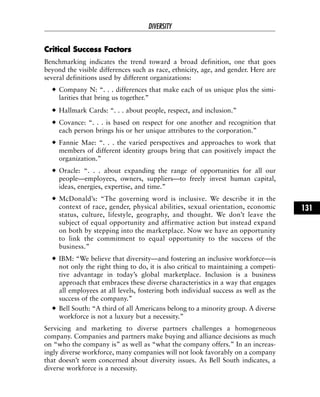 CCrriittiiccaall SSuucccceessss FFaaccttoorrss
Benchmarking indicates the trend toward a broad definition, one that goes
beyond the visible differences such as race, ethnicity, age, and gender. Here are
several definitions used by different organizations:
Company N: “. . . differences that make each of us unique plus the simi-
larities that bring us together.”
Hallmark Cards: “. . . about people, respect, and inclusion.”
Covance: “. . . is based on respect for one another and recognition that
each person brings his or her unique attributes to the corporation.”
Fannie Mae: “. . . the varied perspectives and approaches to work that
members of different identity groups bring that can positively impact the
organization.”
Oracle: “. . . about expanding the range of opportunities for all our
people—employees, owners, suppliers—to freely invest human capital,
ideas, energies, expertise, and time.”
McDonald’s: “The governing word is inclusive. We describe it in the
context of race, gender, physical abilities, sexual orientation, economic
status, culture, lifestyle, geography, and thought. We don’t leave the
subject of equal opportunity and affirmative action but instead expand
on both by stepping into the marketplace. Now we have an opportunity
to link the commitment to equal opportunity to the success of the
business.”
IBM: “We believe that diversity—and fostering an inclusive workforce—is
not only the right thing to do, it is also critical to maintaining a competi-
tive advantage in today’s global marketplace. Inclusion is a business
approach that embraces these diverse characteristics in a way that engages
all employees at all levels, fostering both individual success as well as the
success of the company.”
Bell South: “A third of all Americans belong to a minority group. A diverse
workforce is not a luxury but a necessity.”
Servicing and marketing to diverse partners challenges a homogeneous
company. Companies and partners make buying and alliance decisions as much
on “who the company is” as well as “what the company offers.” In an increas-
ingly diverse workforce, many companies will not look favorably on a company
that doesn’t seem concerned about diversity issues. As Bell South indicates, a
diverse workforce is a necessity.
DIVERSITY
131
 