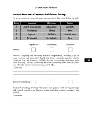 HHuummaann RReessoouurrcceess CCuussttoommeerr SSaattiissffaaccttiioonn SSuurrvveeyy
For these questions, please rate your responses according to the following scale:
Benefits: Designing and delivering noncash compensation, including days off
(e.g., vacation, sick days, etc.), health and dental insurance, accident liability
protection (e.g., life insurance, disability income continuation), employee assis-
tance plan (e.g., alcohol counseling, financial counseling, elder care and child
care referral), tuition reimbursement, and 401(K).
Comments:
Business Consulting: Working with senior managers to think through strategic
and tactical priorities for business issues, including strategy, structure, and
staffing.
Comments:
CUSTOMER SATISFACTION SURVEY
151
Rating Importance Effectiveness Direction
4 Critical to business success Highly effective Much better
3 Very important Effective Better
2 Important Ineffective About the same
1 Not important Very ineffective Worse
Importance Effectiveness Direction
Benefits
Business Consulting
 