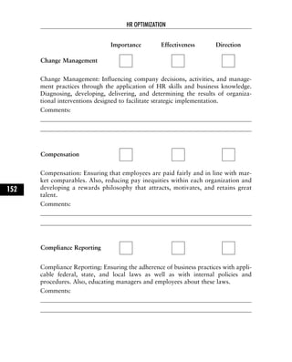 Change Management: Influencing company decisions, activities, and manage-
ment practices through the application of HR skills and business knowledge.
Diagnosing, developing, delivering, and determining the results of organiza-
tional interventions designed to facilitate strategic implementation.
Comments:
Compensation: Ensuring that employees are paid fairly and in line with mar-
ket comparables. Also, reducing pay inequities within each organization and
developing a rewards philosophy that attracts, motivates, and retains great
talent.
Comments:
Compliance Reporting: Ensuring the adherence of business practices with appli-
cable federal, state, and local laws as well as with internal policies and
procedures. Also, educating managers and employees about these laws.
Comments:
HR OPTIMIZATION
152
Importance Effectiveness Direction
Change Management
Compensation
Compliance Reporting
 