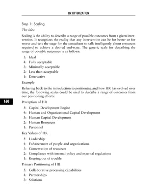 Step 1: Scaling
The Idea
Scaling is the ability to describe a range of possible outcomes from a given inter-
vention. It recognizes the reality that any intervention can be for better or for
worse and sets the stage for the consultant to talk intelligently about resources
required to achieve a desired end-state. The generic scale for describing the
range of possible outcomes is as follows:
5: Ideal
4: Fully acceptable
3: Minimally acceptable
2: Less than acceptable
1: Destructive
Example
Referring back to the introduction to positioning and how HR has evolved over
time, the following scales could be used to describe a range of outcomes from
our positioning efforts:
Perception of HR
5: Capital Development Engine
4: Human and Organizational Capital Development
3: Human Capital Development
2: Human Resources
1: Personnel
Key Values of HR
5: Leadership
4: Enhancement of people and organizations
3: Conservation of resources
2: Compliance with internal policy and external regulations
1: Keeping out of trouble
Primary Positioning of HR
5: Collaborative processing capabilities
4: Partnerships
3: Solutions
HR OPTIMIZATION
160
 