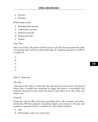 2: Services
1: Products
Relationship Goals
5: Interdependent partner
4: Collaborative partner
3: Preferred provider
2: Internal provider
1: Vendor
Your Turn
Select one of the scales above and/or create a scale that best represents the range
of outcomes that could be achieved through the repositioning efforts of HR in
Company P.
5:
4:
3:
2:
1:
Step 2: Assessing
The Idea
Assessing is the ability to determine the gap between current state and desired
future state. It enables the consultant to engage the client in a meaningful and
authentic discussion about where the client is and where he or she wants and
needs to be.
Example
Using the scale for HR positioning described above, the executive staff deter-
mined that HR had primarily provided products and services in the past and
needed to reposition itself as a partner for value-added solutions.
5: CPC
4: Partnerships (where we need to be)
CRITICAL CONSULTING SKILLS
161
 