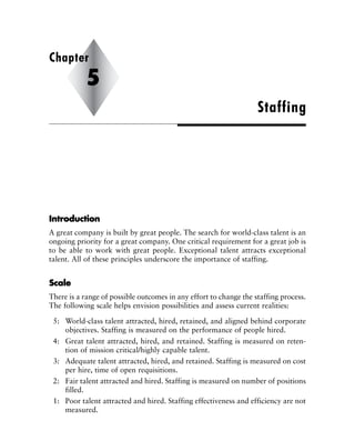 IInnttrroodduuccttiioonn
A great company is built by great people. The search for world-class talent is an
ongoing priority for a great company. One critical requirement for a great job is
to be able to work with great people. Exceptional talent attracts exceptional
talent. All of these principles underscore the importance of staffing.
SSccaallee
There is a range of possible outcomes in any effort to change the staffing process.
The following scale helps envision possibilities and assess current realities:
5: World-class talent attracted, hired, retained, and aligned behind corporate
objectives. Staffing is measured on the performance of people hired.
4: Great talent attracted, hired, and retained. Staffing is measured on reten-
tion of mission critical/highly capable talent.
3: Adequate talent attracted, hired, and retained. Staffing is measured on cost
per hire, time of open requisitions.
2: Fair talent attracted and hired. Staffing is measured on number of positions
filled.
1: Poor talent attracted and hired. Staffing effectiveness and efficiency are not
measured.
Staffing
Chapter
5
 