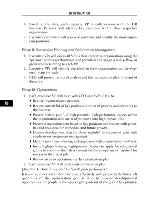 6. Based on the data, each executive VP in collaboration with the HR
Business Partners will identify key positions within their respective
organization.
7. Executive committee will review all positions and identify the most impor-
tant positions.
Phase II: Succession Planning and Performance Management
1. Executive VPs will assess all VPs in their respective organizations using the
“person” criteria (performance and potential) and assign a red, yellow, or
green readiness rating to each VP.
2. Executive VPs will identify top talent in their organization and develop-
ment plans for each.
3. CEO will present results of analysis and the optimization plan to board of
directors.
Phase III: Optimization
1. Each executive VP will meet with CEO and SVP of HR to
Review organizational structure.
Review current list of key positions in order of priority and criticality to
the business.
Present “talent pool” of high-potential, high-performing leaders within
the organization who are ready to move into high-impact jobs.
Present a succession plan based on key positions and leaders with poten-
tial and readiness for immediate and future growth.
Discuss development plan for those included in succession plan with
emphasis on assignment management.
Identify minorities, women, and employees with unique/critical skill sets.
Invite high-performing, high-potential leaders to apply for educational
grants to continue their development on the competencies required for
success in their next job.
Review steps to operationalize the optimization plan.
2. Each executive VP will implement optimization plan.
Question 4: How do we deal fairly with poor performers?
It is just as important to deal fairly and effectively with people in the lower left
quadrants of the optimization grid as it is to provide developmental
opportunities for people in the upper right quadrant of the grid. The optimiza-
HR OPTIMIZATION
70
 