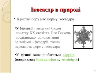 Ікосаедр в природі
• Кристал бору має форму ікосаедра
•У біології німецький біолог
початку ХХ століття Еге Геккель
дослідив,що одноклітинні
організми – феодарії, точно
передають форму ікосаедра
•У фізиці капсиди багатьох вірусів
(наприклад бактеріофаги, мімівірус)
12

 