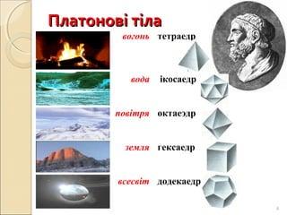 Платонові тіла

вогонь тетраедр

вода

ікосаедр

повітря октаеэдр
земля гексаедр
всесвіт додекаедр
4

 