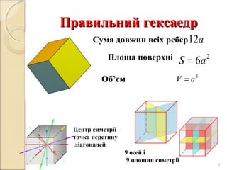 Правильний гексаедр
Сума довжин всіх ребер12a
Площа поверхні
Об’єм

S = 6a

2

V = a3

Центр симетрії –
точка перетину
діагоналей
9 осей і
9 площин симетрії

7

 