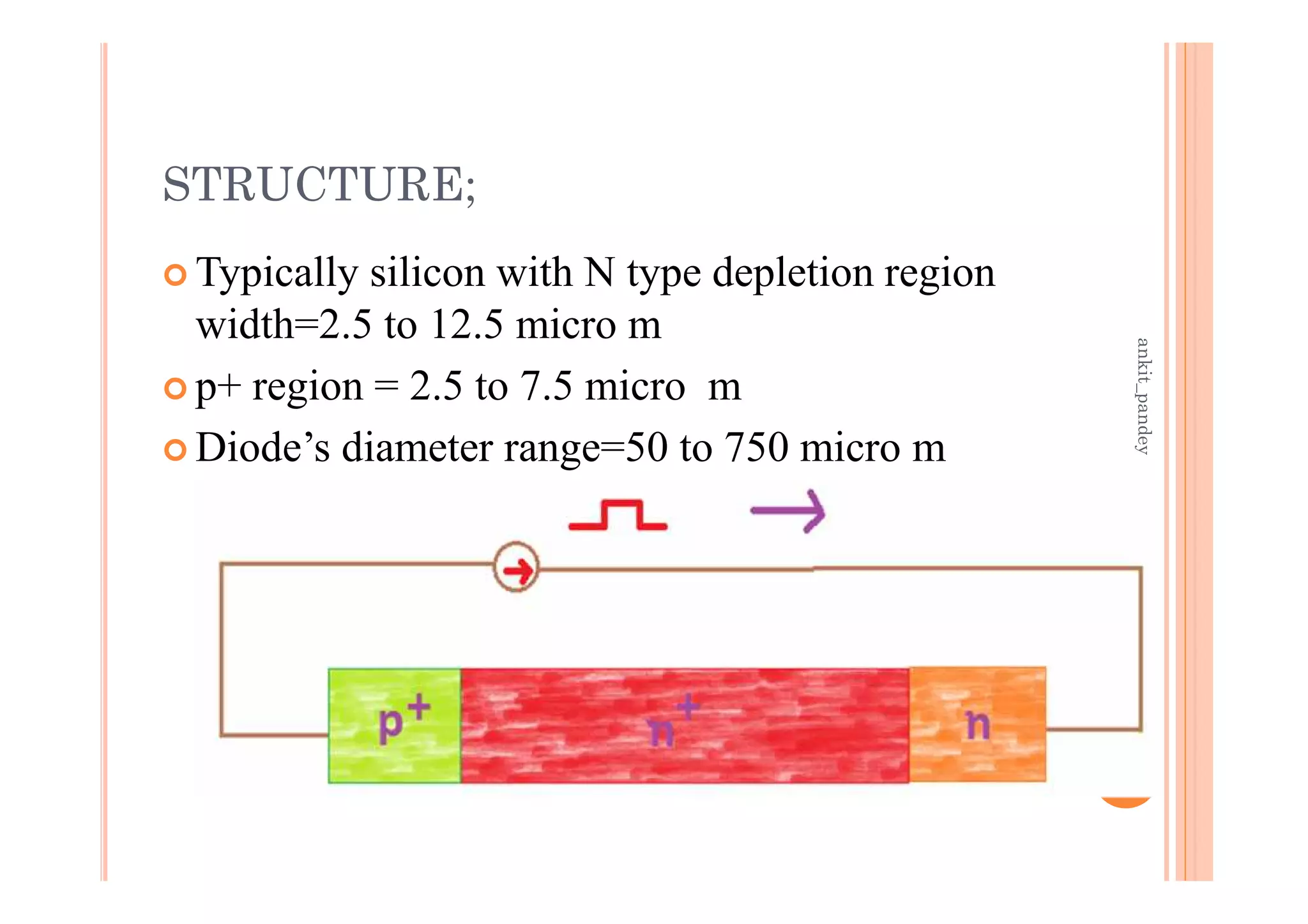 STRUCTURE;
 Typically silicon with N type depletion region
width=2.5 to 12.5 micro m
 p+ region = 2.5 to 7.5 micro m
 Diode’s diameter range=50 to 750 micro m
5
ankit_pandey
 