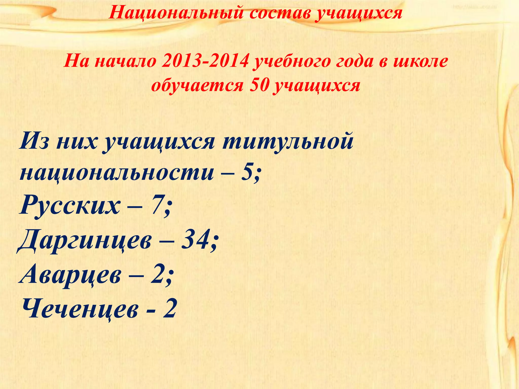 Национальный состав учащихся
На начало 2013-2014 учебного года в школе
обучается 50 учащихся
Из них учащихся титульной
национальности – 5;
Русских – 7;
Даргинцев – 34;
Аварцев – 2;
Чеченцев - 2
 