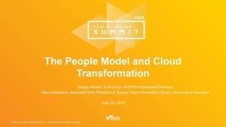 © 2016, Amazon Web Services, Inc. or its Affiliates. All rights reserved.
Sanjay Asnani, Emil Lerch–WWPS Professional Services
Alison Robinson, Associate Vice President & Deputy Chief Information Officer–University of Maryland
June 20, 2016
The People Model and Cloud
Transformation
 