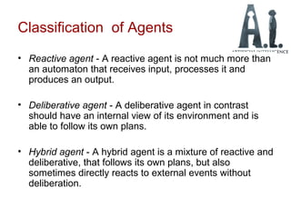 Classification of Agents
• Reactive agent - A reactive agent is not much more than
an automaton that receives input, processes it and
produces an output.
• Deliberative agent - A deliberative agent in contrast
should have an internal view of its environment and is
able to follow its own plans.
• Hybrid agent - A hybrid agent is a mixture of reactive and
deliberative, that follows its own plans, but also
sometimes directly reacts to external events without
deliberation.
 